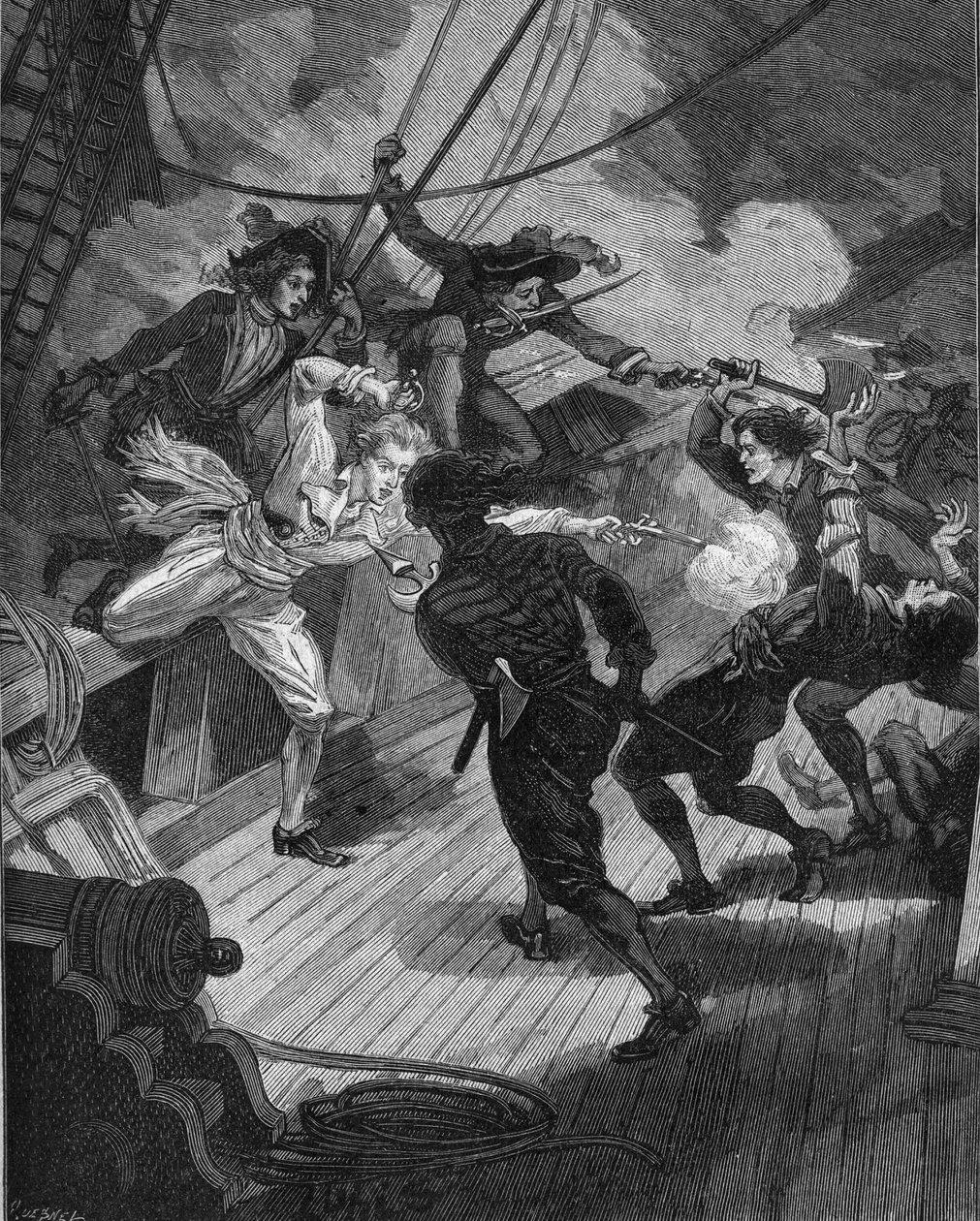 Sotamies Jean Bart (1650-1702) lähestyy laivaa. Kaiverrus 1800-luvulta. Jules Micheletin teoksessa "Histoire de France". tekijältä Unknown artist