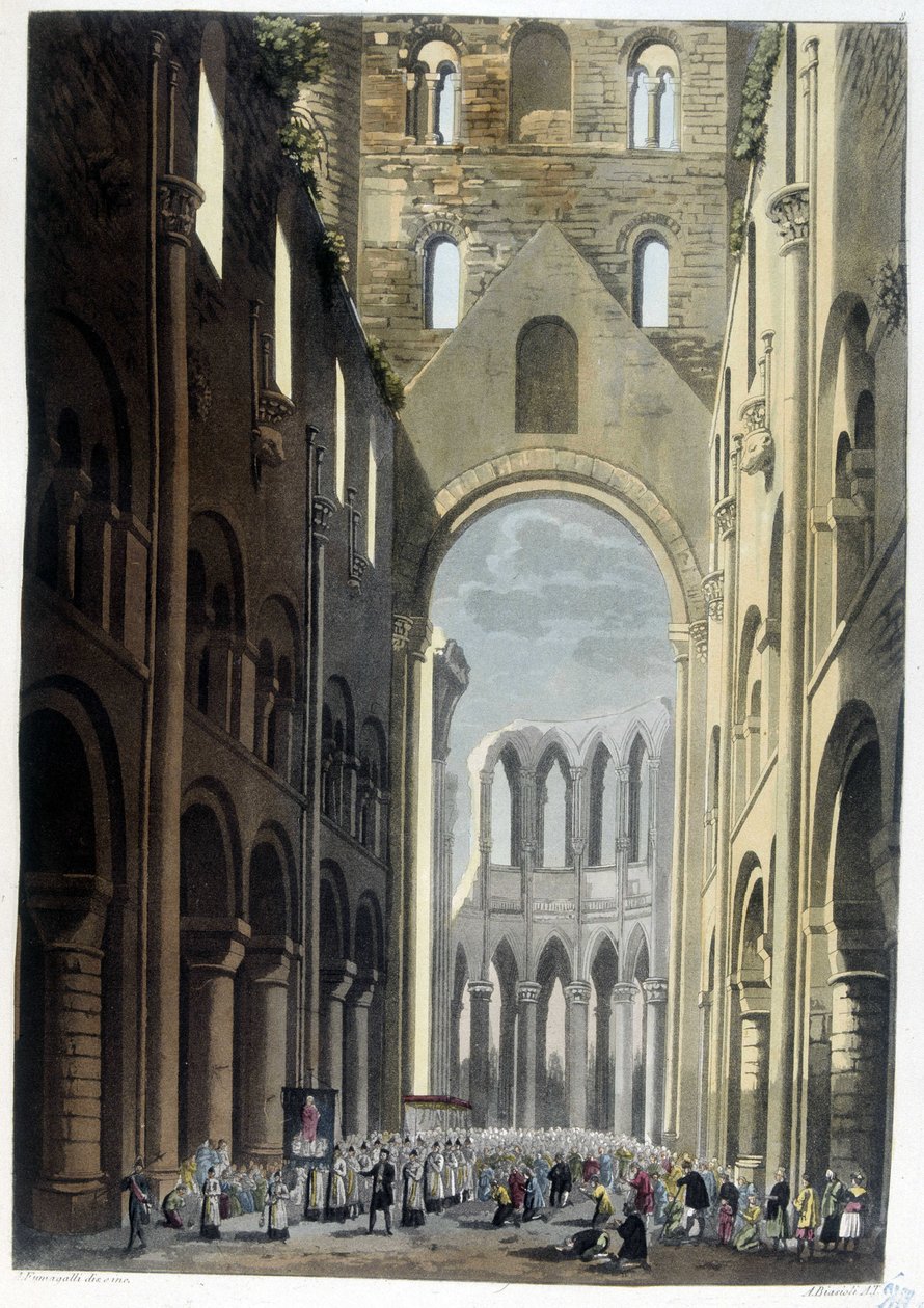 Kulkue Jumiegesin luostarissa - "" Vanha ja moderni puku"" Dr. Ferrario, toim. Milano tekijältä Unknown artist