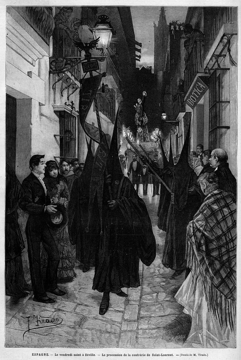 Saint Laurentin (St. Lawrence) konferenssin kulkue Sevillassa (Espanja) pitkäperjantaina (pyhäperjantai). Kaiverrus "" Le Monde illustrious"" 1883. Yksityinen kokoelma. tekijältä Unknown artist