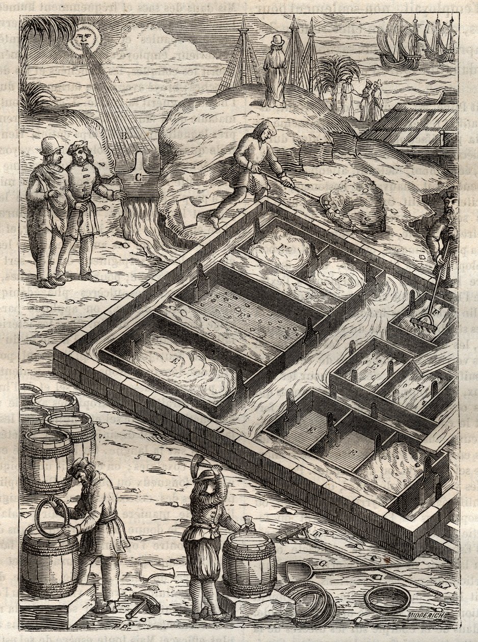 Suolan valmistus haihduttamalla merivettä suolaastioissa. Georgius Agricolan (Georg Bauer) kappaleesta "De re metallica". (Basel 1556) - Suolan tuotanto: suuriin kulhoihin kaadettu merivesi haihtuu ja jättää suolavaraston. Kaiverrus teoksesta "" De re meta tekijältä Unknown artist