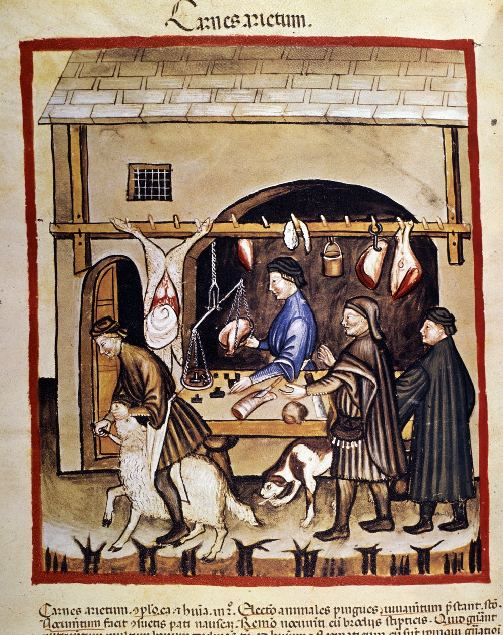 Lampaanlihan tuotanto ja myynti (teurastaja). Lammas teurastetaan. Valaistus lääketieteen ja dietetiikan lypsystä "" Tacuinum sanitatis"" tekijältä Unknown artist