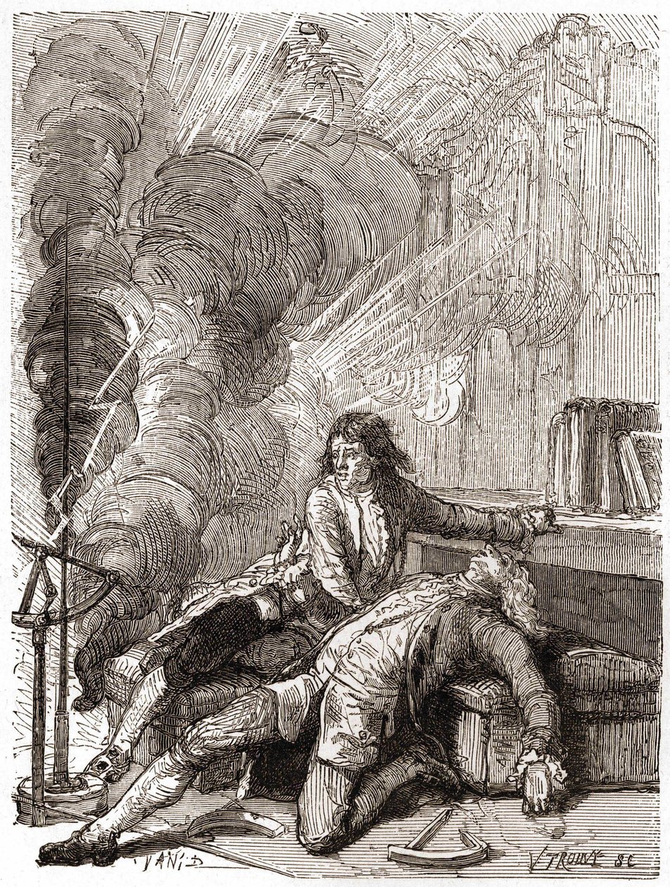 Professori Georges Guillaume Richmann (1711-1753) kuoli työpajassaan elektrometrikokeen seurauksena. tekijältä Unknown artist