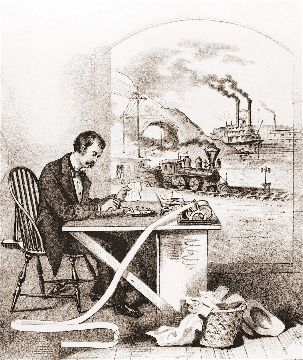 Vuosisadan edistyminen (1800-luku): Morse-lennätys, Dawn Boat, Train jne. Kaiverrus 1800-luvulta. tekijältä Unknown artist