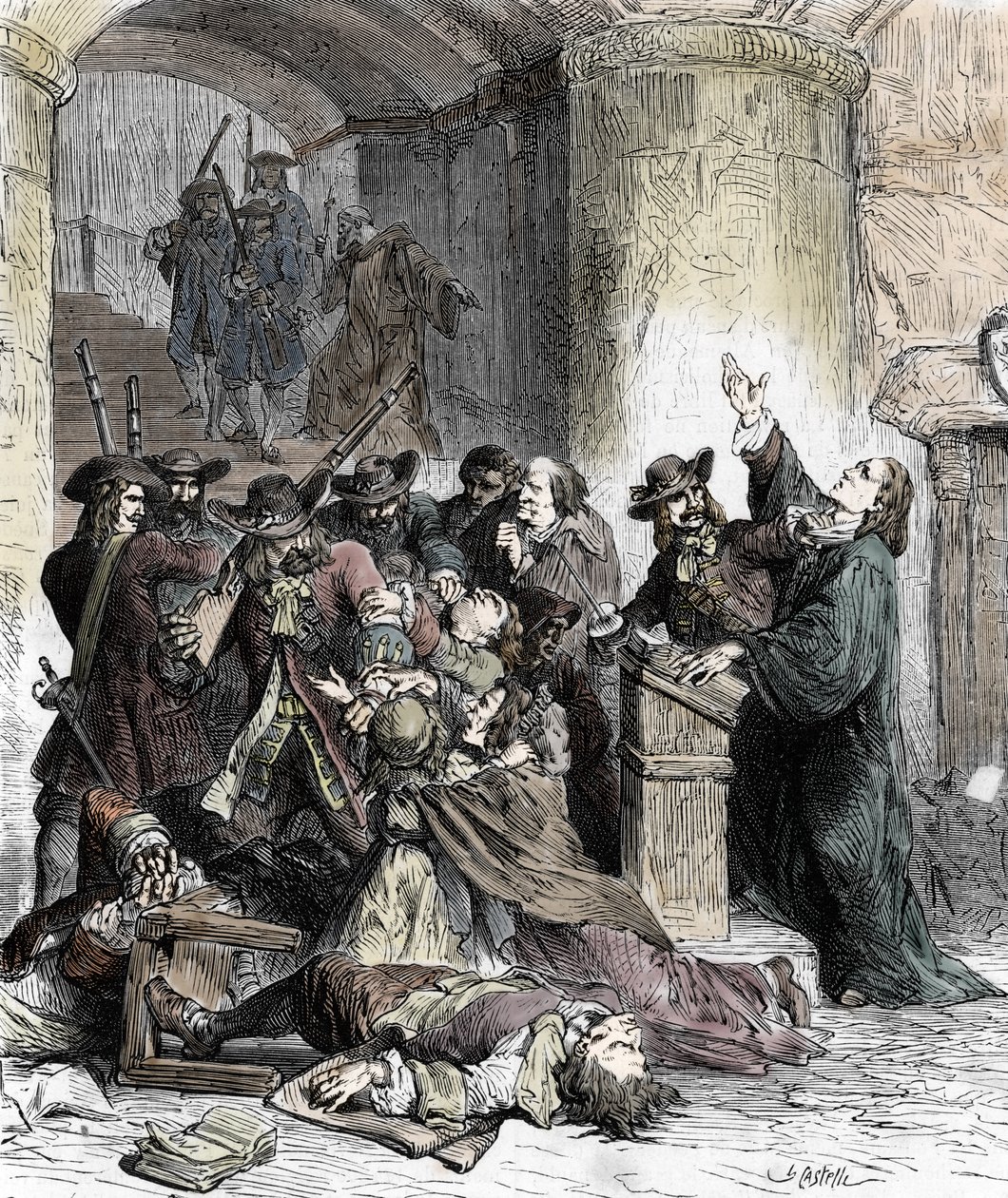Protestanttien saarnaamisen ja pidätyksen kielto sen jälkeen, kun Edit de Nantes (lohikäärmeet Ludvig XIV:n (1681-1686) aikana): Katoliset sotilaat (lohikäärmeet) verilöytävät protestantteja. 1800-luku (kaiverrus) tekijältä Unknown artist