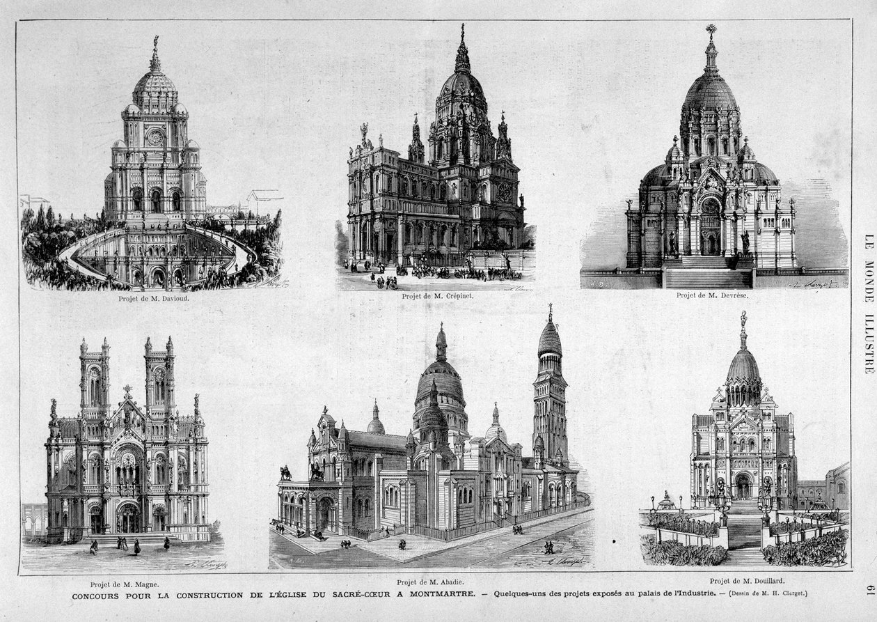 Projektit Montmartren Sacre Coeur -kirkon kilpailuun - "" The Illustrous World" -julkaisussa 25.7.1874 tekijältä Unknown artist