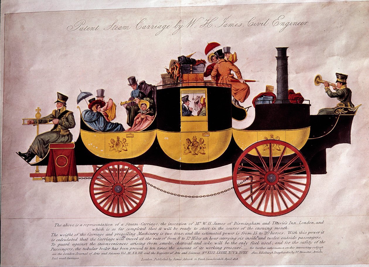 Julkinen liikenne: Höyrylaiva, joka on täynnä matkustajia ja matkatavaroita. Sen suunnitteli insinööri W.H. James. Litografia vuodelta 1828. Decorative Arts, Pariisi tekijältä Unknown artist