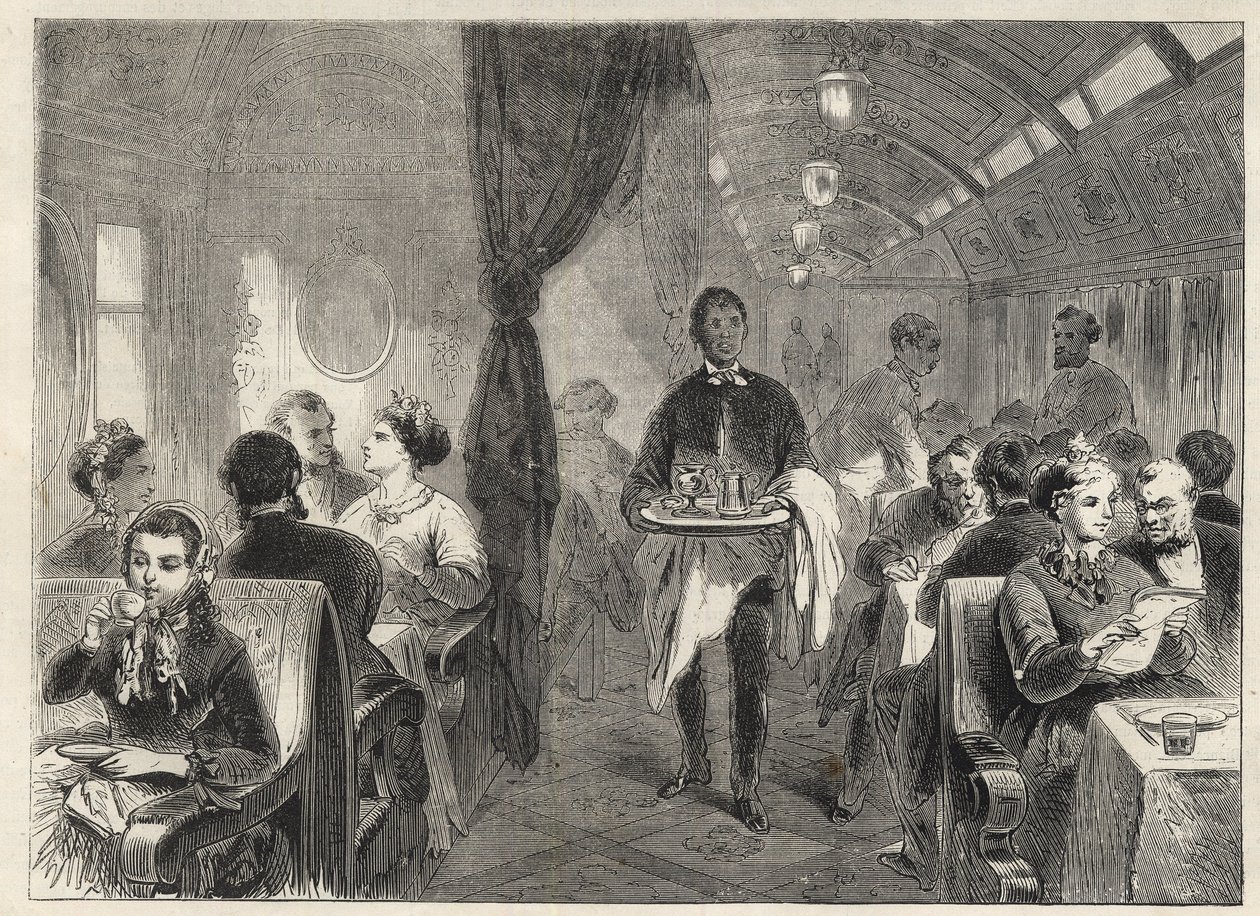 Pacific Railwaysin Pullmanin ruokavaunuvaunu vuonna 1869 - Pacific Railwayn vaunuhotellissa - tekijältä Unknown artist