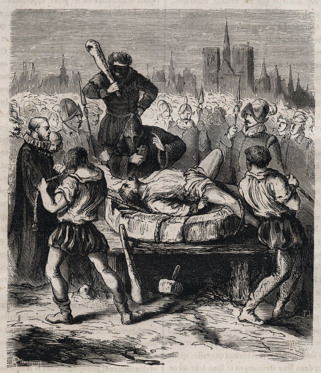 Kuningas Henrik IV:n (1553-1610) salamurhaajan Francois Ravaillacin (1578-1610) rangaistus Place de Greve -aukiolla Pariisissa vuonna 1610 - Kaiverrus vuodelta 1879 Pierre Zacconen (1817-185) kirjaan "Salaisten, poliittisten ja uskonnollisten yhteiskuntien tekijältä Unknown artist