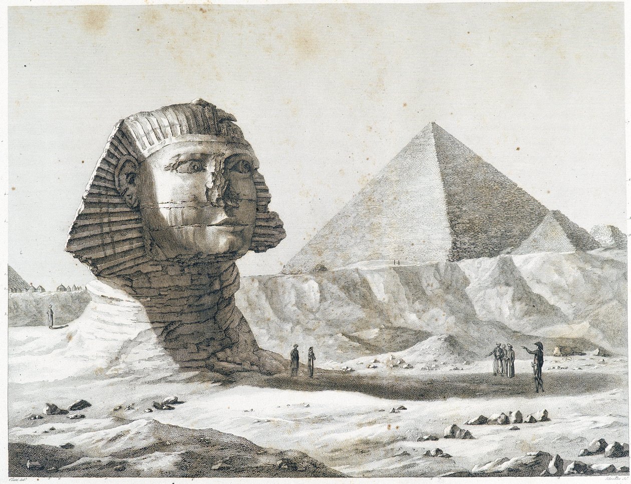 Gizan pyramidit: näkymä sfinksille ja suurelle pyramidille, otettu kaakosta - "" Kuvaus Egyptistä", Imperial Editions tekijältä Unknown artist