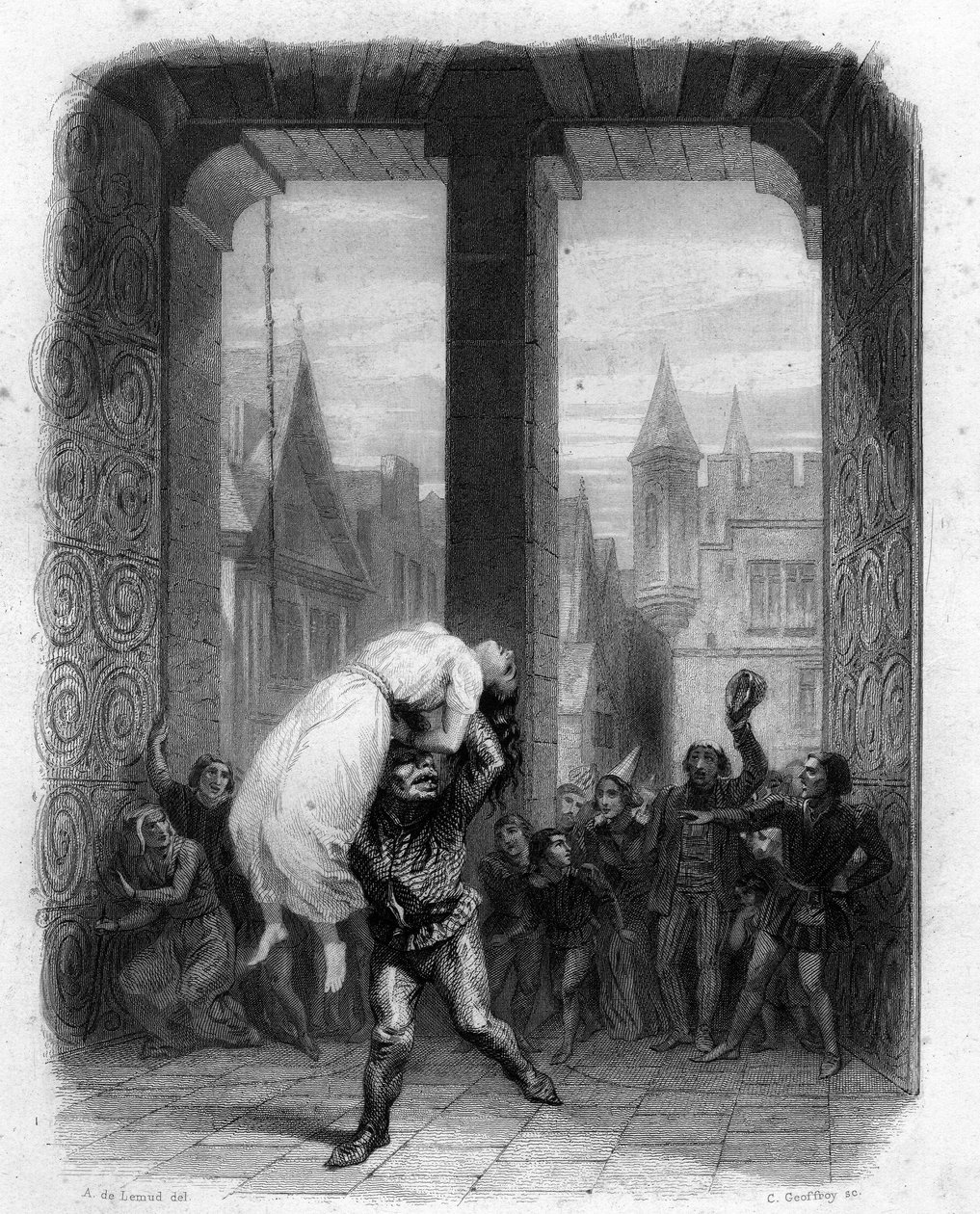 Quasimodo saving Esmeralda. Illustration of 1844 Notre Dame de Paris by Victor Hugo. tekijältä Unknown artist