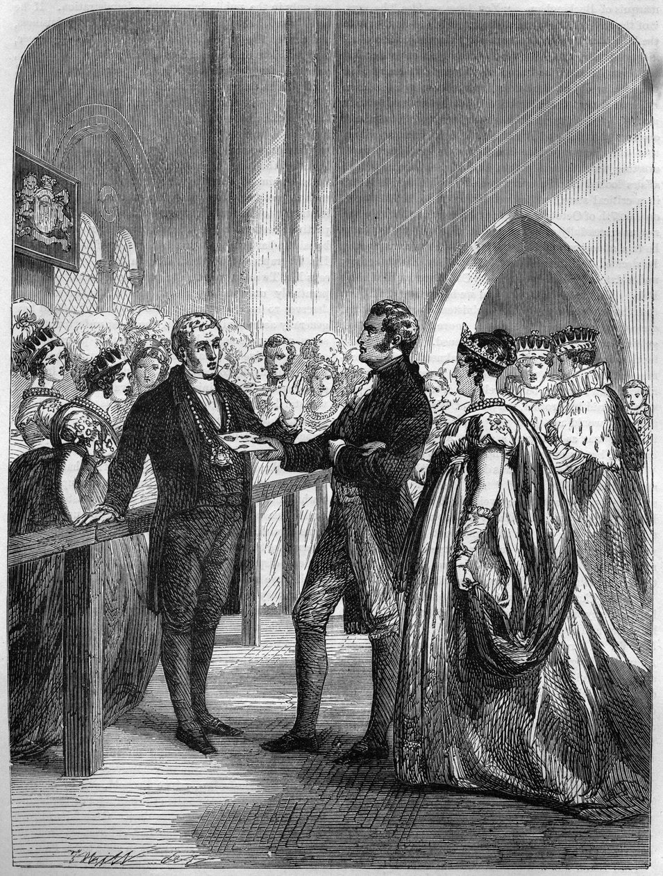 Kuningatar Caroline (Caroline of Brunswick-Wolfenbutte (Brunswick Wolfenbutte) (Ison-Britannian kuninkaan Yrjö IV:n kuningatar puoliso) karkotettiin Westminster Abbeyn ovesta 1820 (kaiverrus) tekijältä Unknown artist