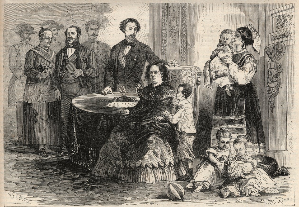 Espanjan kuningatar Isabella II (Isabella of Bourbon) (1830-1904) ja Francois Assisilainen Bourbon tai Francois I Espanjan (1822-1902) turvautuivat lastensa kanssa Paun linnaan Ranskassa syyskuun vallankumouksen jälkeen (Gloriosa) . Lastensa keskuudessa tekijältä Unknown artist