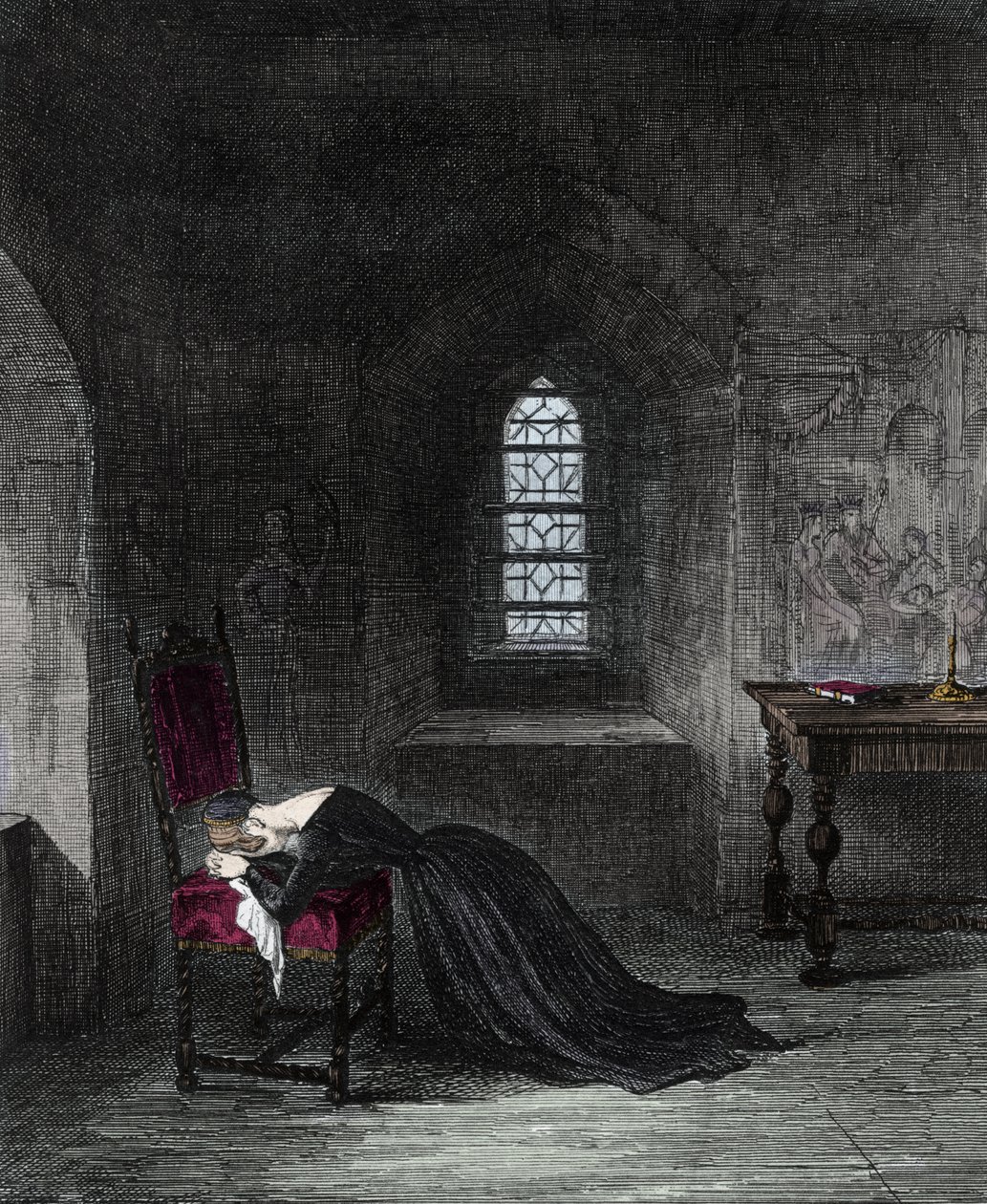 Kuningatar Jeanne Gray on vankina Lontoon Towerissa. Lady Jane Gray (1537-1554), kuningas Henry VIII:n veljentytär, oli Englannin kuningatar 9 päivää. Hänen serkkunsa Mary (Mary Tudor) vaatii valtaistuinta, ja hänet vangitaan ja teloitetaan maanpetoksesta. tekijältä Unknown artist
