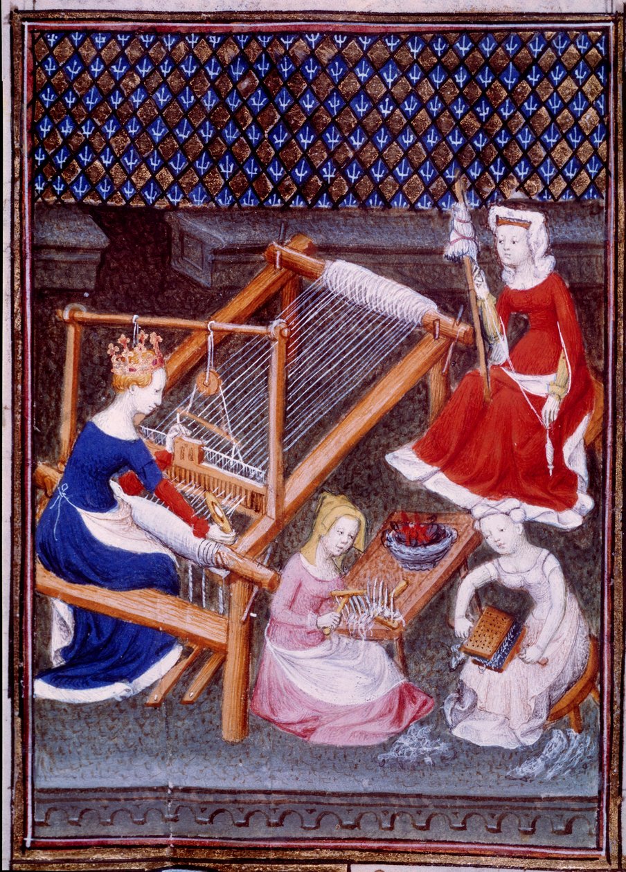 Kuningatar Tanaquil, Rooman kuninkaan Tarquin vanhemman vaimo, kutoi Giovanni Boccaccion (Boccaccio) (1313-1373) tekstistä "" De mulieribus claris""" (Kevyet ja jalot naiset)" piirrettyä miniatyyriä tekijältä Unknown artist