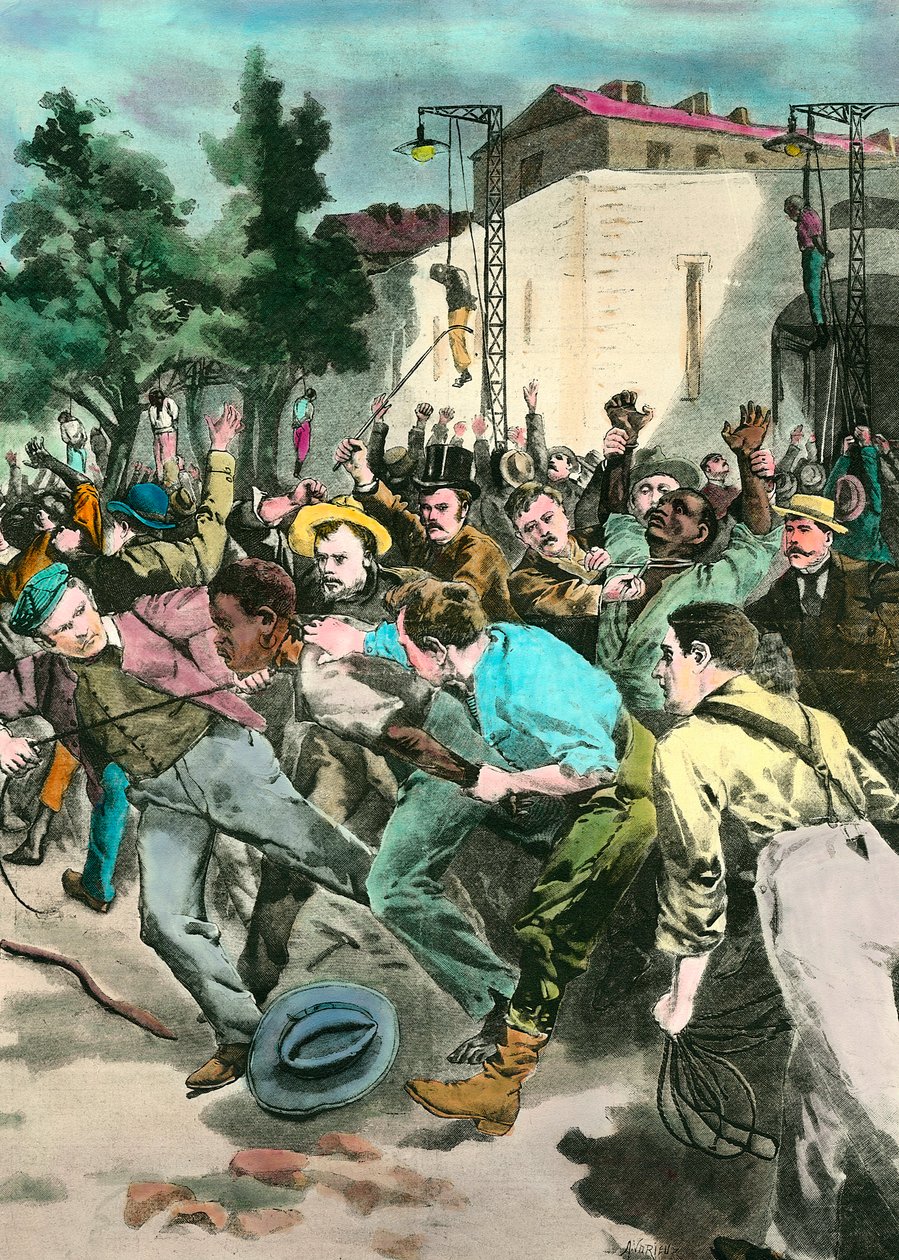 Rasismikohtaus: Mustan lynkkaus Yhdysvalloissa syytettynä valkoisten tappamisesta. Kaiverrus 1800-luvulta. tekijältä Unknown artist