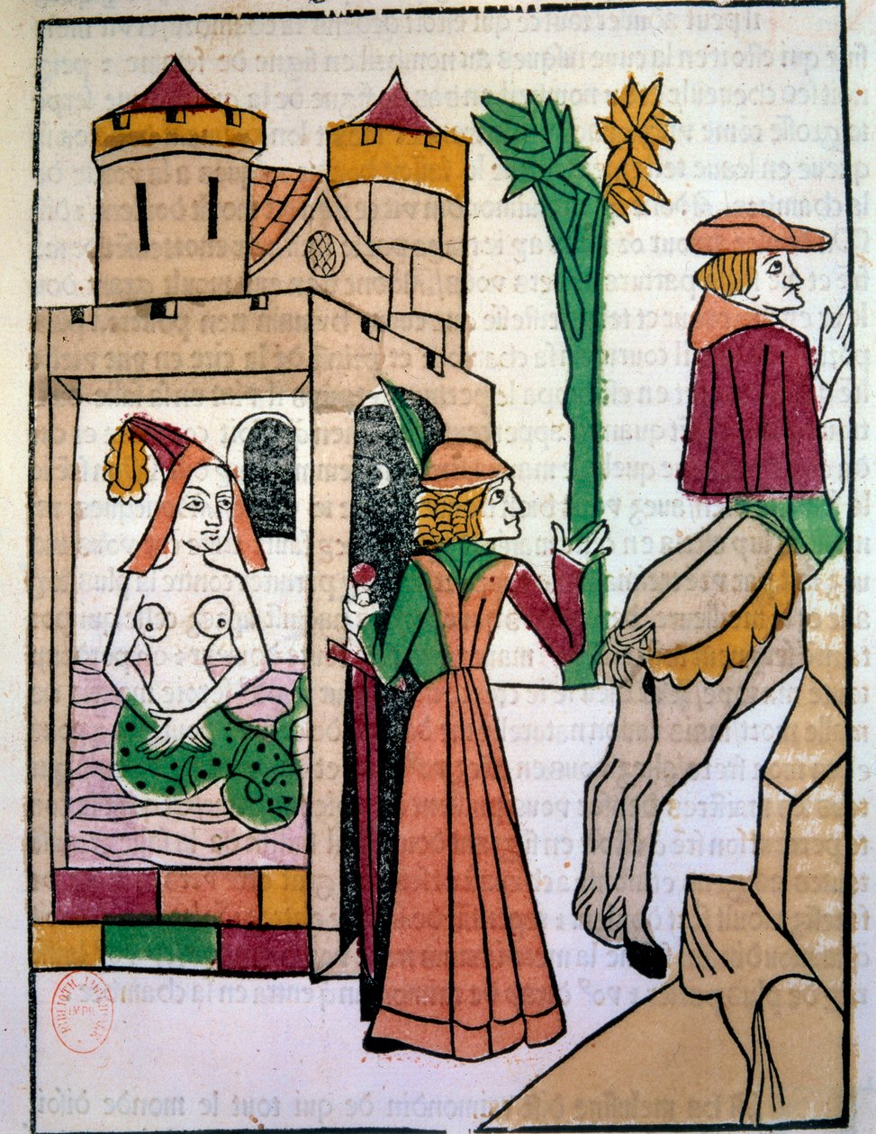Raimondin vakoilee vaimoaan Melusinea kylvyssä. Käsin valaistu puukaiverrus "Histoire de Melusine" (folio 142), kirjoittanut Jean d