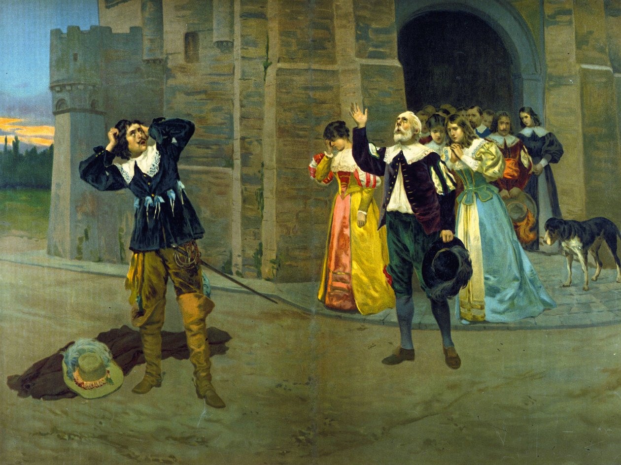 Raimondo ilmoittaa Lucian kuolemasta Edgarille Gaetano Donizettin oopperan "Lucie de Lammermoor" (Lucia) III näytöksen viimeisessä kohtauksessa. tekijältä Unknown artist