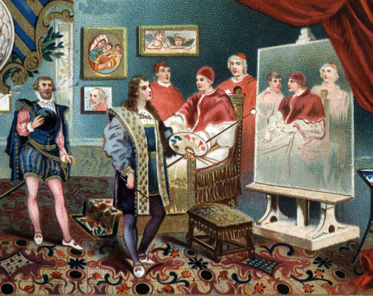 Paavi Leon X:n (leone 10) muotokuvaa työstävä Rafael (Raffaello Sanzio) ympäröi kardinaalit Jules de Medicisiä (Giulio) (paavi Klemens VII tekijältä Unknown artist