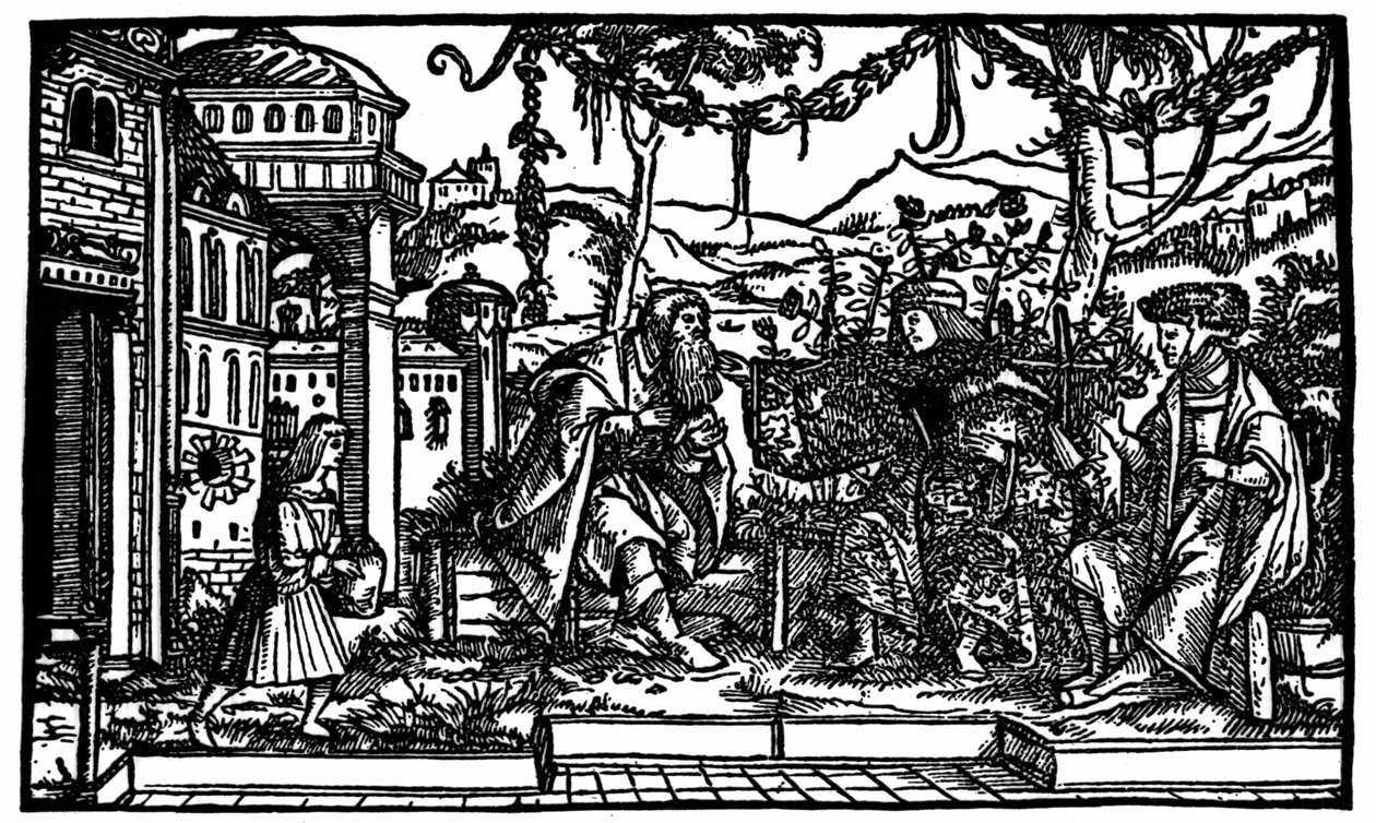 Viisi vuotta Utopiassa viettänyt matkustaja Raphaël Hythlodée kertoo matkastaan Thomas Morelle ja Pierre Gillesille. Ksylografia, joka julkaistiin Thomas Moren (1478 - 1535) "Utopia"-painoksessa vuodelta 1516. tekijältä Unknown artist