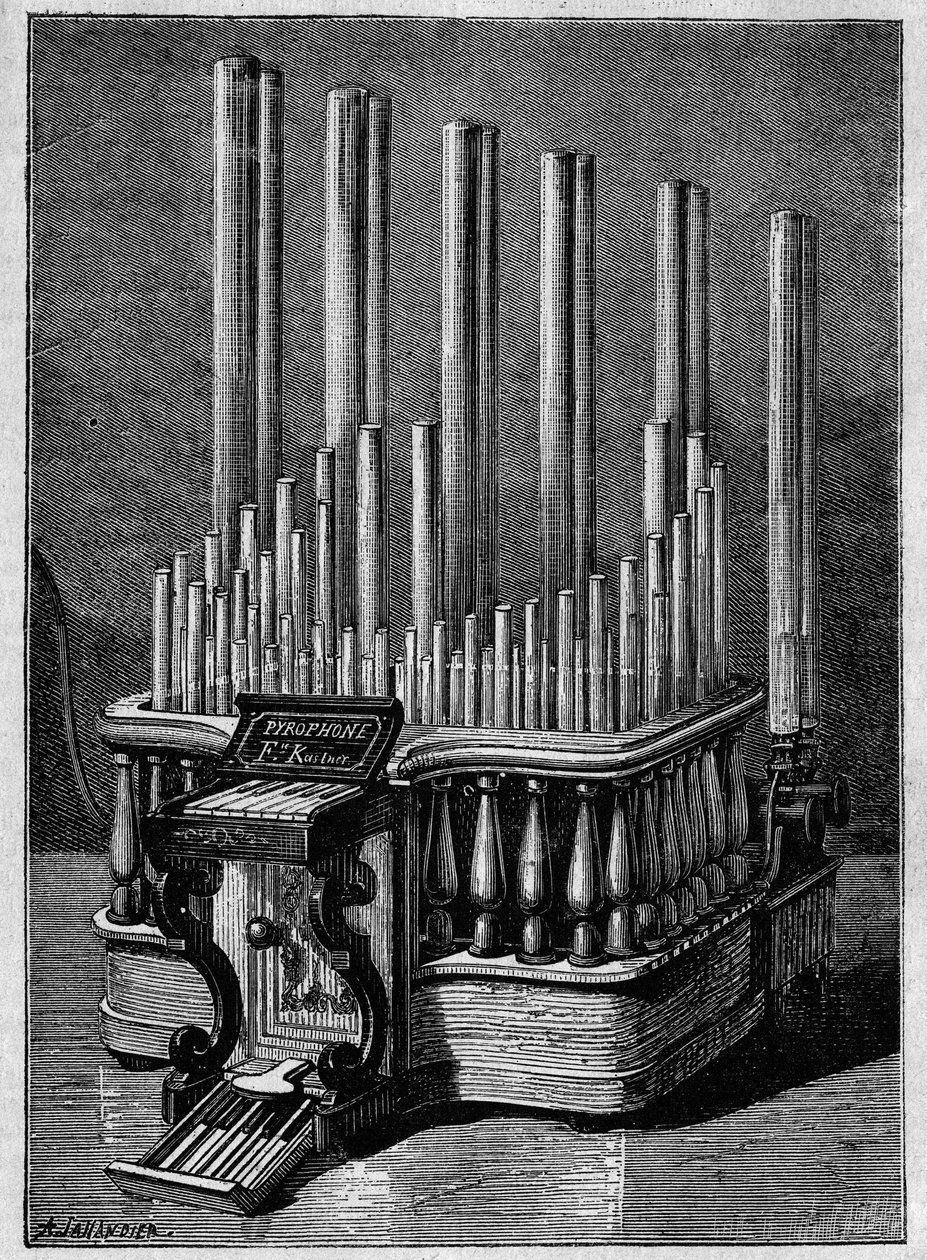 Harvinaiset tai kuvitteelliset instrumentit: Pyrophone tai "laululiekit", Frederic Kastner (instrumentti, joka synnyttää liekkejä kaasusuihkuilla). tekijältä Unknown artist