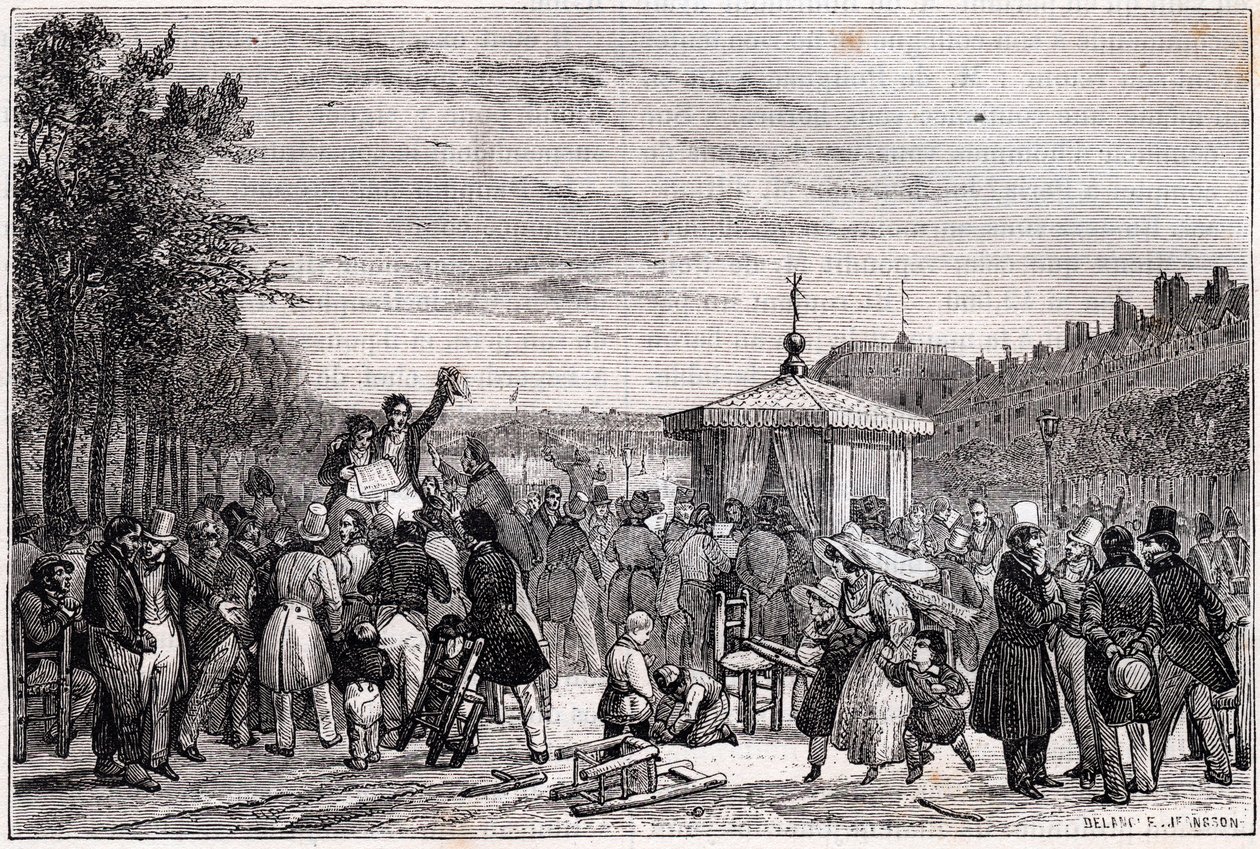 Moniteur-lehdessä julkaistujen päätösten lukeminen kuninkaanlinnan puutarhassa Pariisissa 26. heinäkuuta 1830 sisällissodan aikana - Vallankumous 1830 - tekijältä Unknown