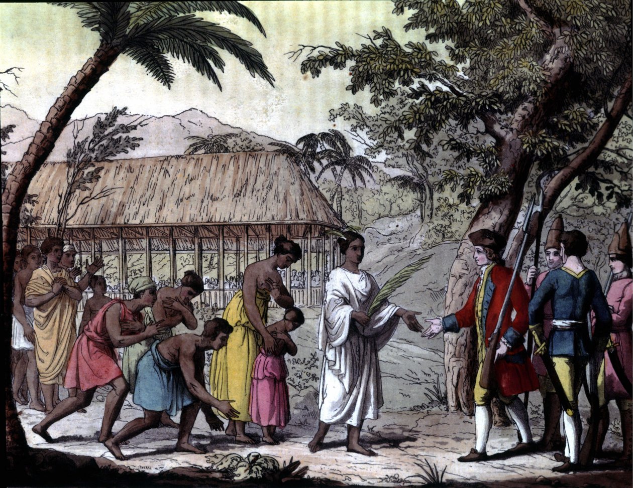 Kuningatar Oberean kuitti navigaattori Samuel Wallisista Tahitissa. "" Navigations of Cook, Milano tekijältä Unknown artist