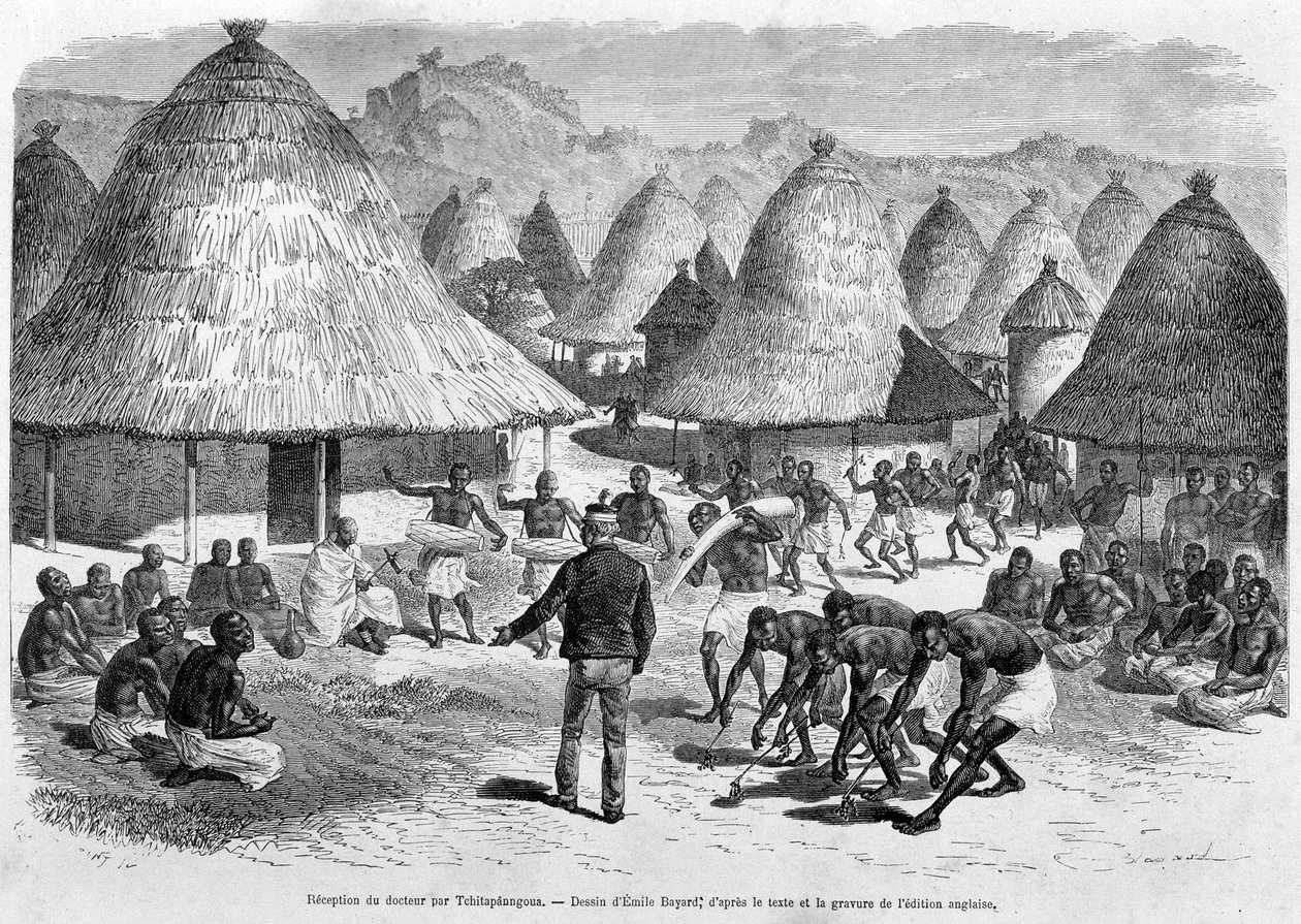 Dr. Livingstonen vastaanotto Tchitapanngoualta - "" Livingstonen viimeinen matka 1866-1873"" "" Round the World"", 2. sem. 1875 tekijältä Unknown artist