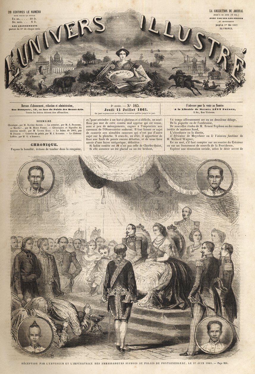Siamilaisten lähettiläiden vastaanotto keisari Napoleon III:n ja keisarinna Eugenien toimesta Fontainebleaun palatsissa, 27. kesäkuuta 1861 - "Napoleon III:n ja keisarinna Eugenien siamilaisten lähettiläiden vastaanotto": Foon linnan Henrik II:n suuressa j tekijältä Unknown artist