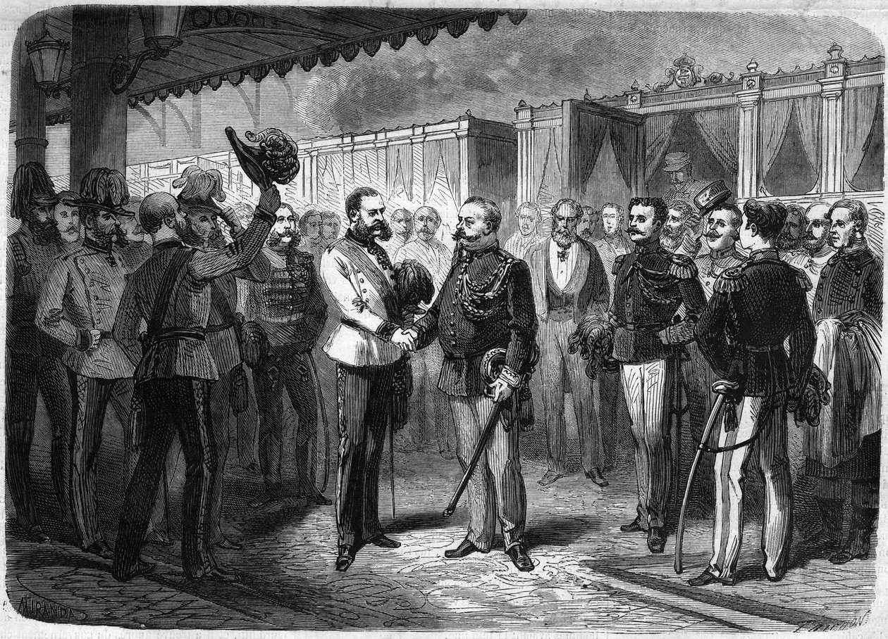Italian kuninkaan Vittorio Emanuele II:n (Victor Emmanuel) (Victor Emmanuel) (1820-1878) vastaanotto Itävallan keisari Francois Joseph I:n (Francois-Joseph) (1830-1916) toimesta Wienissä vuonna 1873. Kaiverrus "" Maineikas universumi”” tekijältä Unknown artist