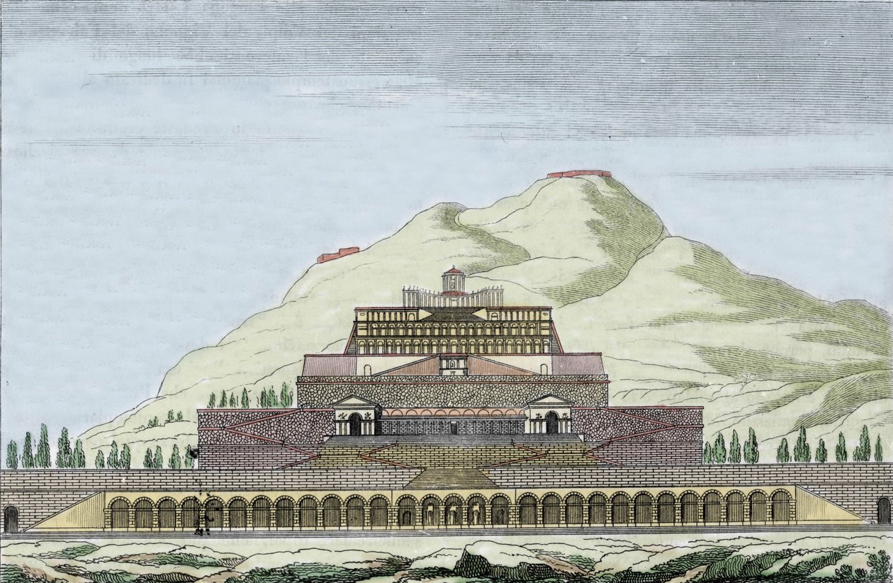 Fortunan (roomalaisen sattuman jumalan) temppelin jälleenrakennus Palestrinassa, Italiassa. Kaiverrus 1800-luvulta tekijältä Unknown artist