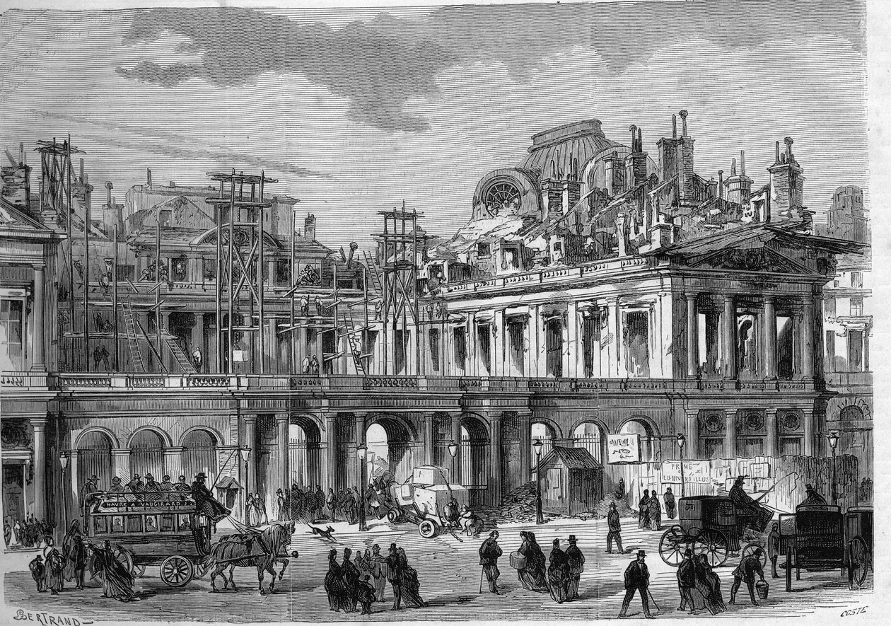 Kuninkaanlinnan (Palais-Royal) jälleenrakennustyöt Pariisissa. Kaiverrus "" L
