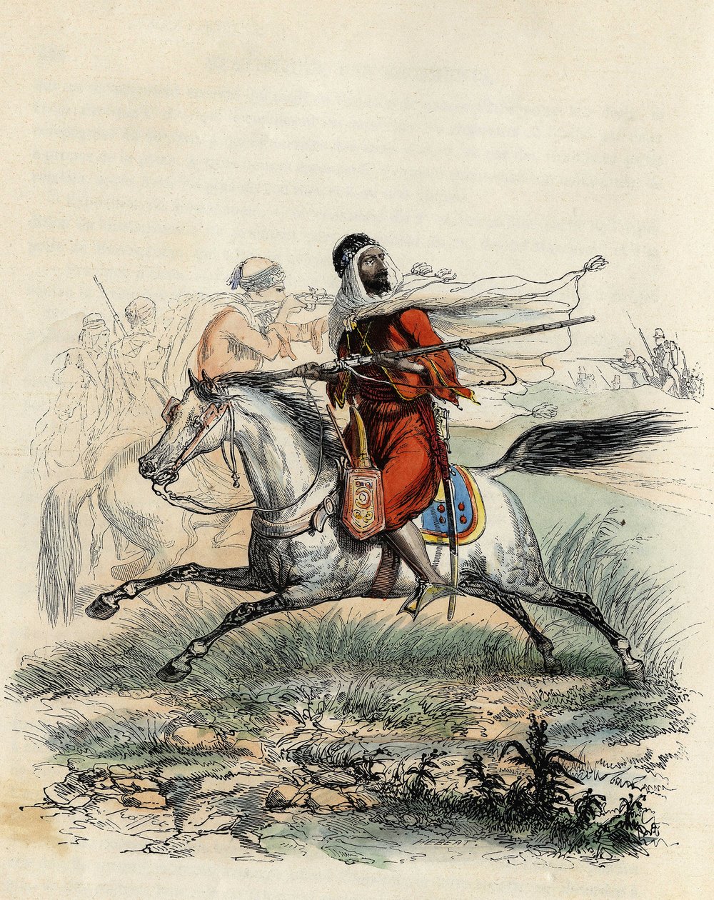 Emir Abd-el-Kaderin punaiset ratsumiehet pakenivat metsästäjien toimesta Ranskan armeijan ratsain Oranissa vuonna 1841 Leon Galibertin teoksessa "L