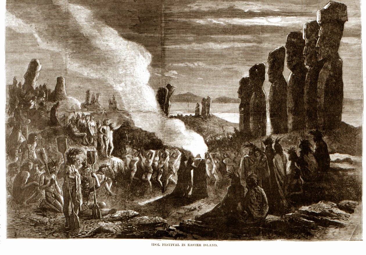 Uskonnollinen seremonia pääsiäissaarella (Rapa Nui), Polynesiassa. 1800-luvun kaiverrus. tekijältä Unknown artist