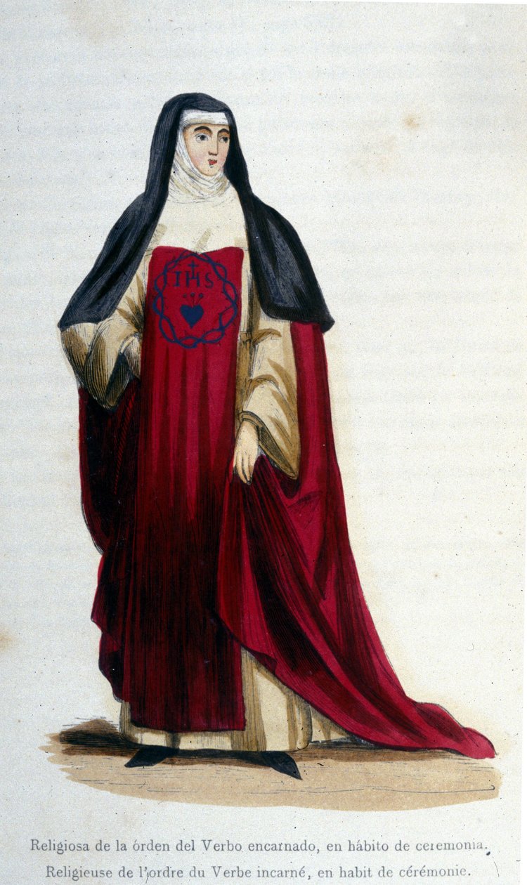 Uskonnollinen verbi inkarnoituu seremonialliseen pukeutumiseen. Kaiverrus albumista uskonnollisista määräyksistä, Pariisi tekijältä Unknown artist