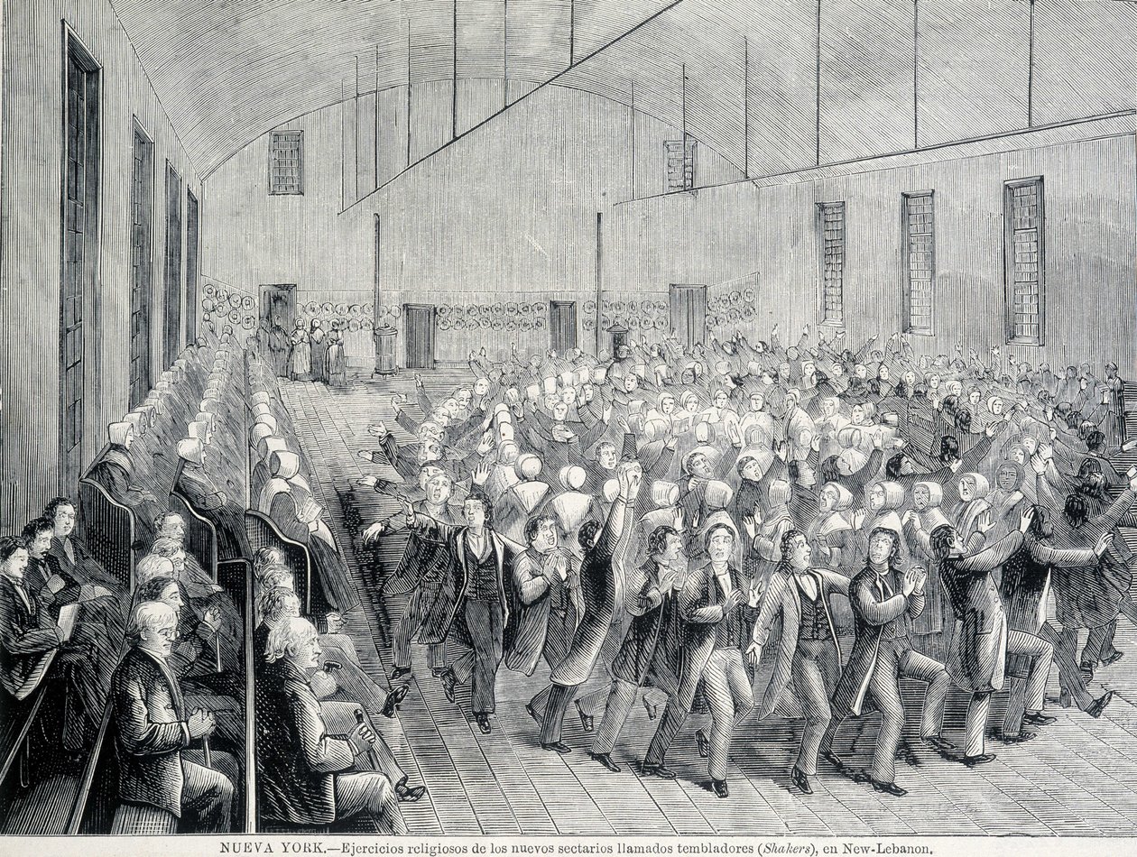 Shakersin uskonnollinen kulkue New Yorkissa. 1800-luvun kuvitus. tekijältä Unknown artist