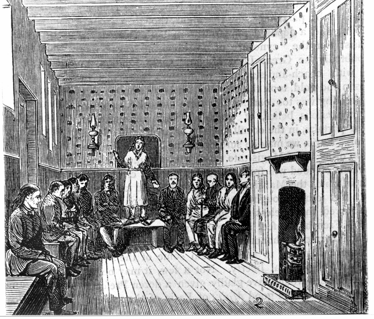 Amerikkalaisten shakerien uskonnollinen kokous. 1800-luvun kaiverrus. tekijältä Unknown artist