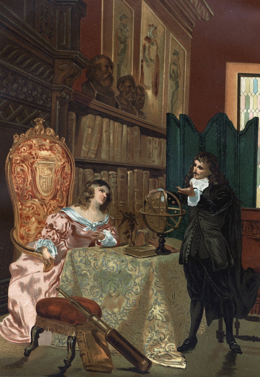 René Descartes (1596-1650) piti filosofian oppitunteja Ruotsin kuningatar Kristiinalle (1626-1689), noin 1649-1650 tekijältä Unknown artist