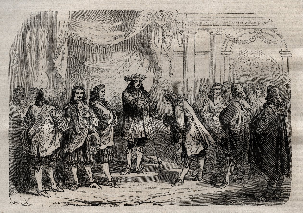 Rene Duguay Trouin (Duguay-Trouin) (Rene Trouin du Gue dit) (1673-1736) vastaanottaa Saint-Louisin ristin kuningas Ludvig XIV:n käsistä - kaiverrus sanaan "Dictionnaire populaire illustrious" - 1864 - Joseph Decembre ja Edmond Allonier - tekijältä Unknown artist