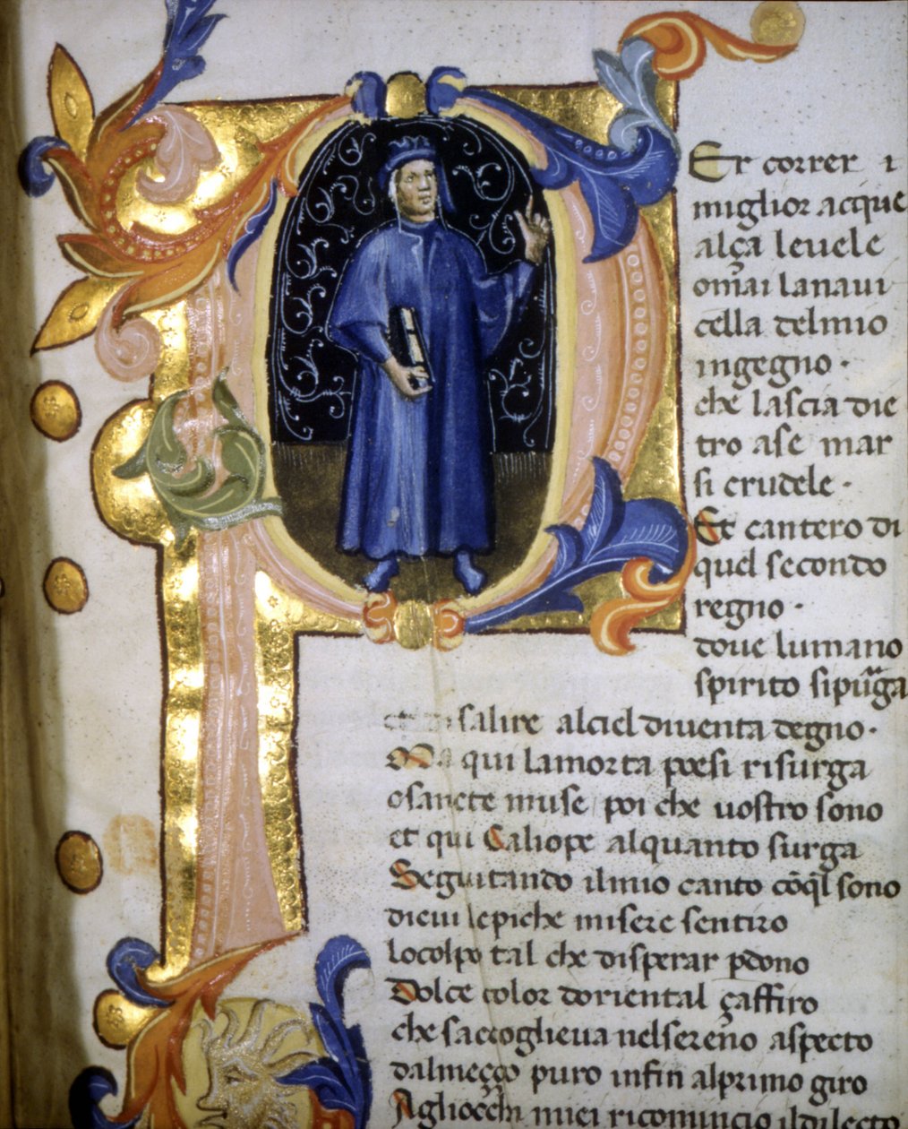 Esitys runoilija Dante Alighierin (1265 - 1321) lettriinissä, pienoismalli 1300-luvulta. tekijältä Unknown artist