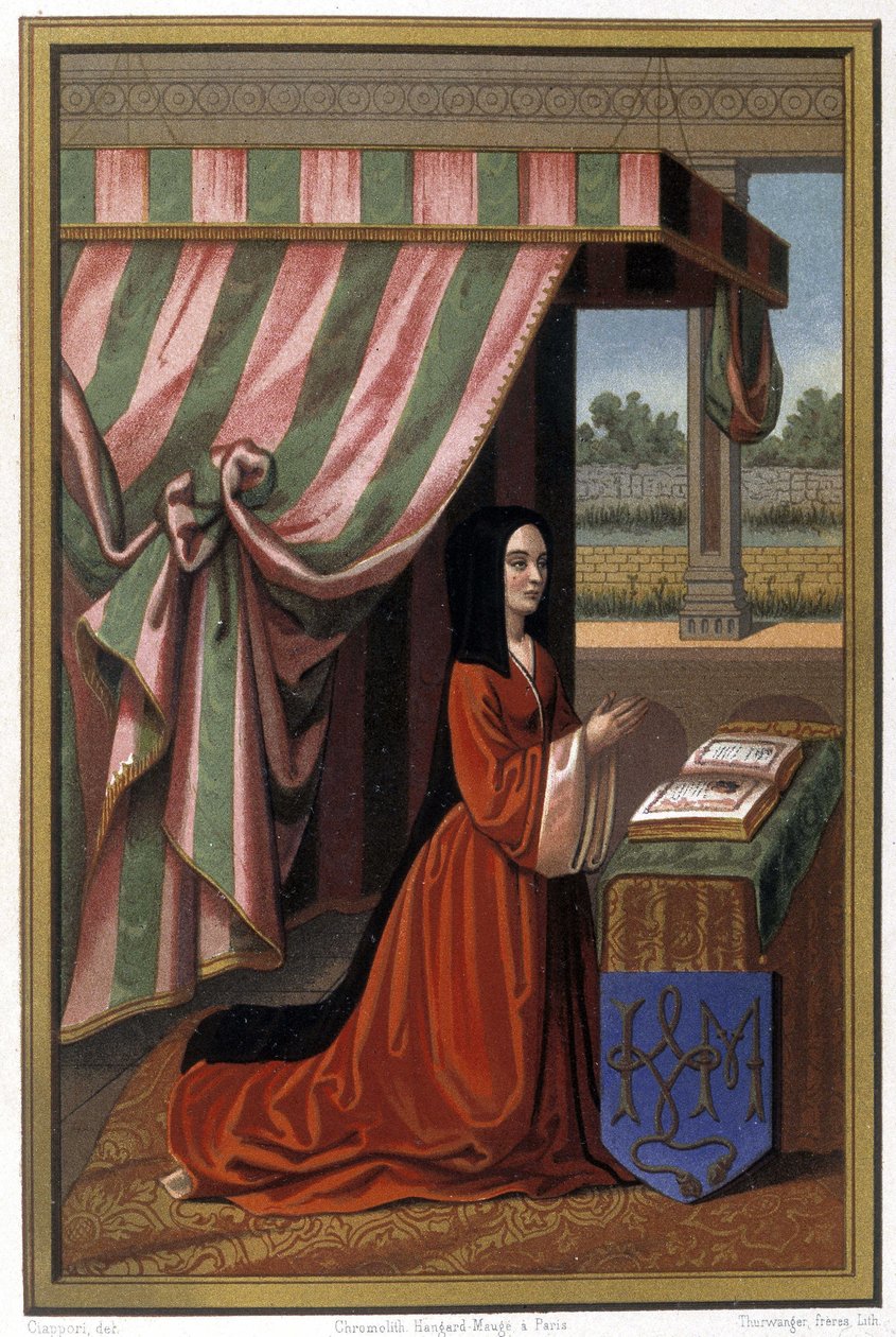 Anne de Francen, joka tunnetaan nimellä Anne de Beaujeu (1461-1522), esitys rukouksessa. Hän on Louis XI:n ja Charlotte de Savoien tytär. Kromolitografia valaistuksen jälkeen. tekijältä Unknown artist