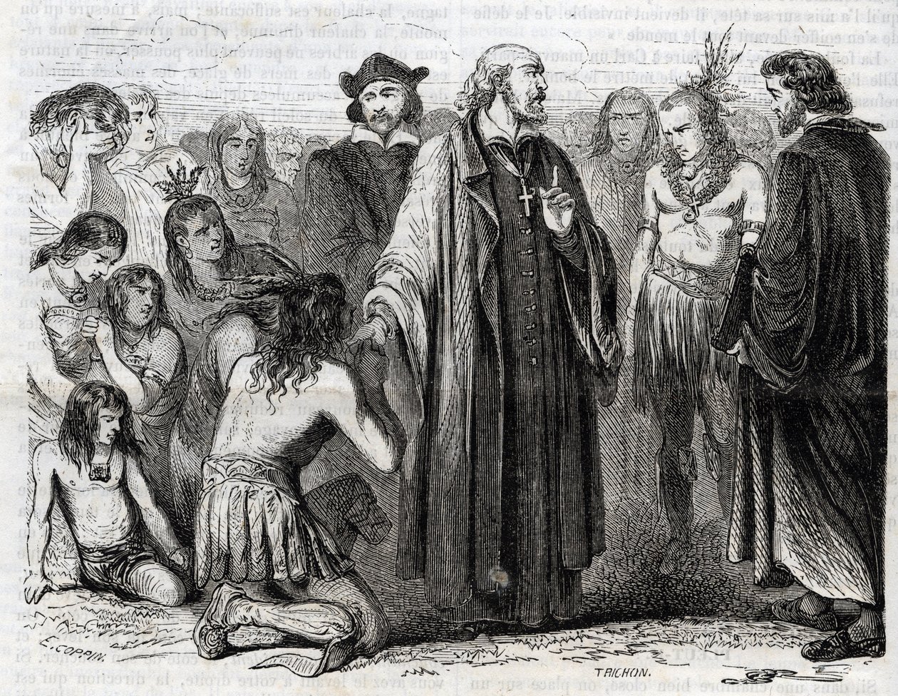 Edustus Bartolome de las Casasista (1484-1566) Dominikaaninen pappi, lähetyssaarnaaja intiaanien kanssa” (Bartolome de las casasin muotokuva, dominikaaninen pappi ja intiaanien suojelija - kaiverrus vuodelta 1860 tekijältä Unknown artist