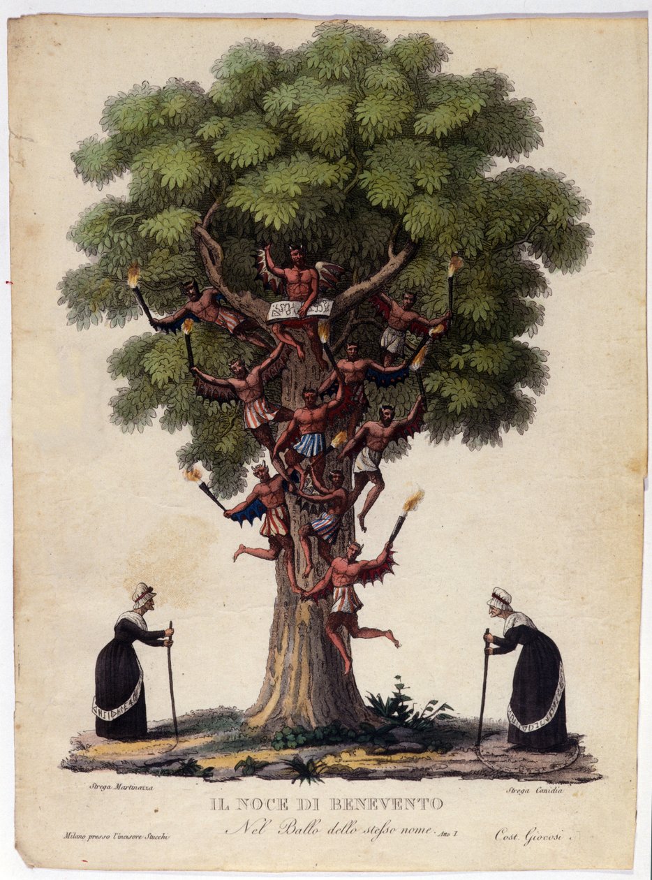 Esitys Benevent-pähkinäpuusta, noidista ja legendan demoneista, jotka inspiroivat itävaltalaisen säveltäjän Franz Xaver Sussmayrin (1766-1803) baletti "Il noce di Benevento". Kuva 1800-luvulta tekijältä Unknown artist