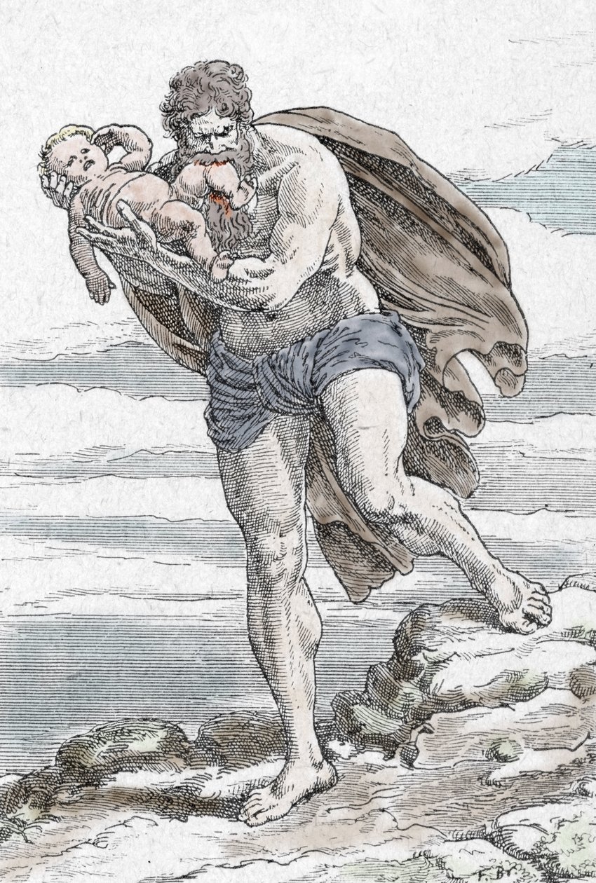 Kuva Kronos (Kronos) syömässä yhtä lapsistaan (Cronus devouring one of his children) Kaiverrus HS Bresin teoksesta "Kauniit mytologiset tarinani", 1900-luvun alku, yksityiskokoelma. tekijältä Unknown Artist