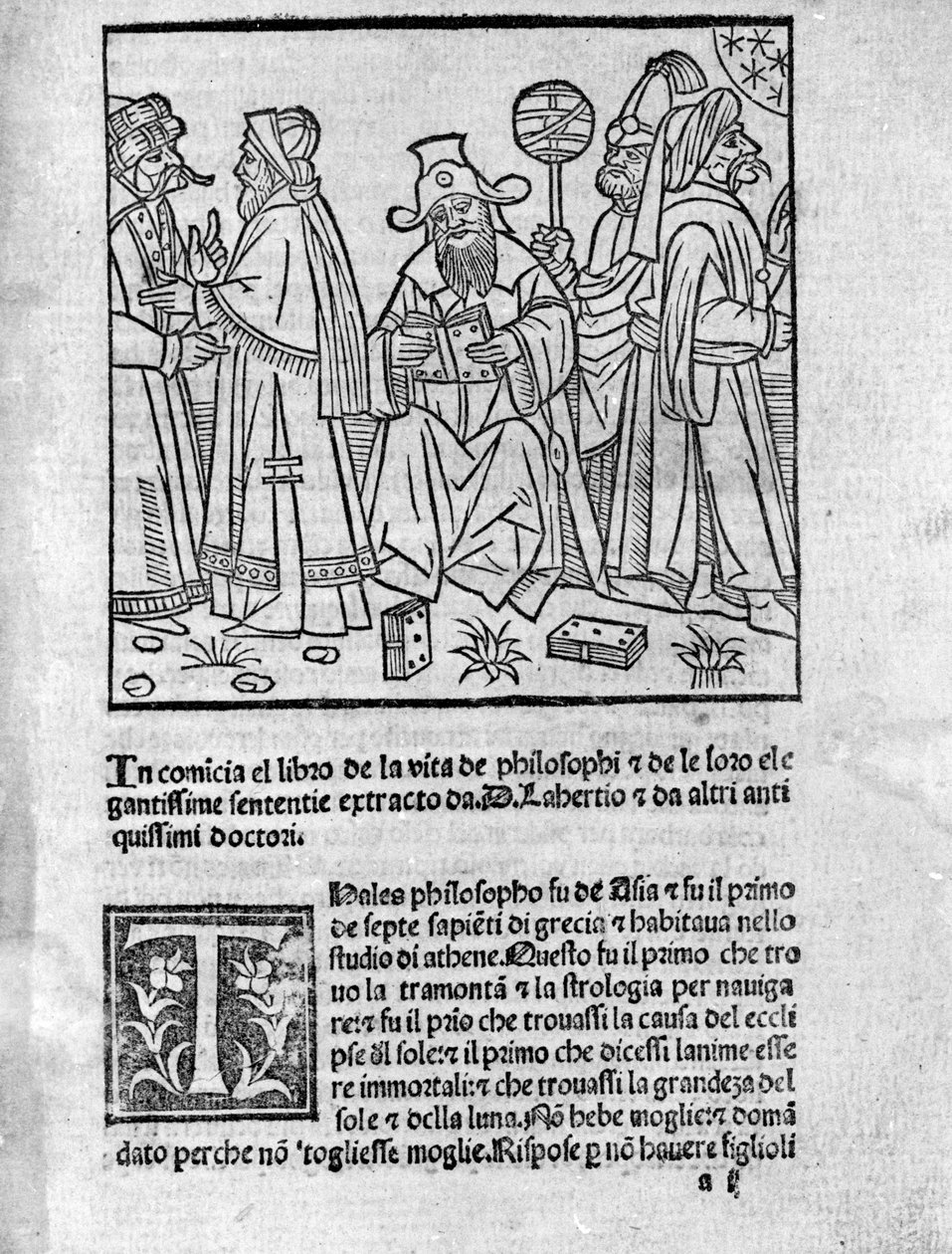 Diogene Laercen (120-240) esitys (keskellä) ympäröi erilaisia ajattelijoita ja filosofeja. Sivu on poimittu runoilija ja historioitsija Diogene Laercen (120-2450) "" Kuuluvien filosofien elämästä, opeista ja lauseista"" (Vitae Philosophorum) tekijältä Unknown artist