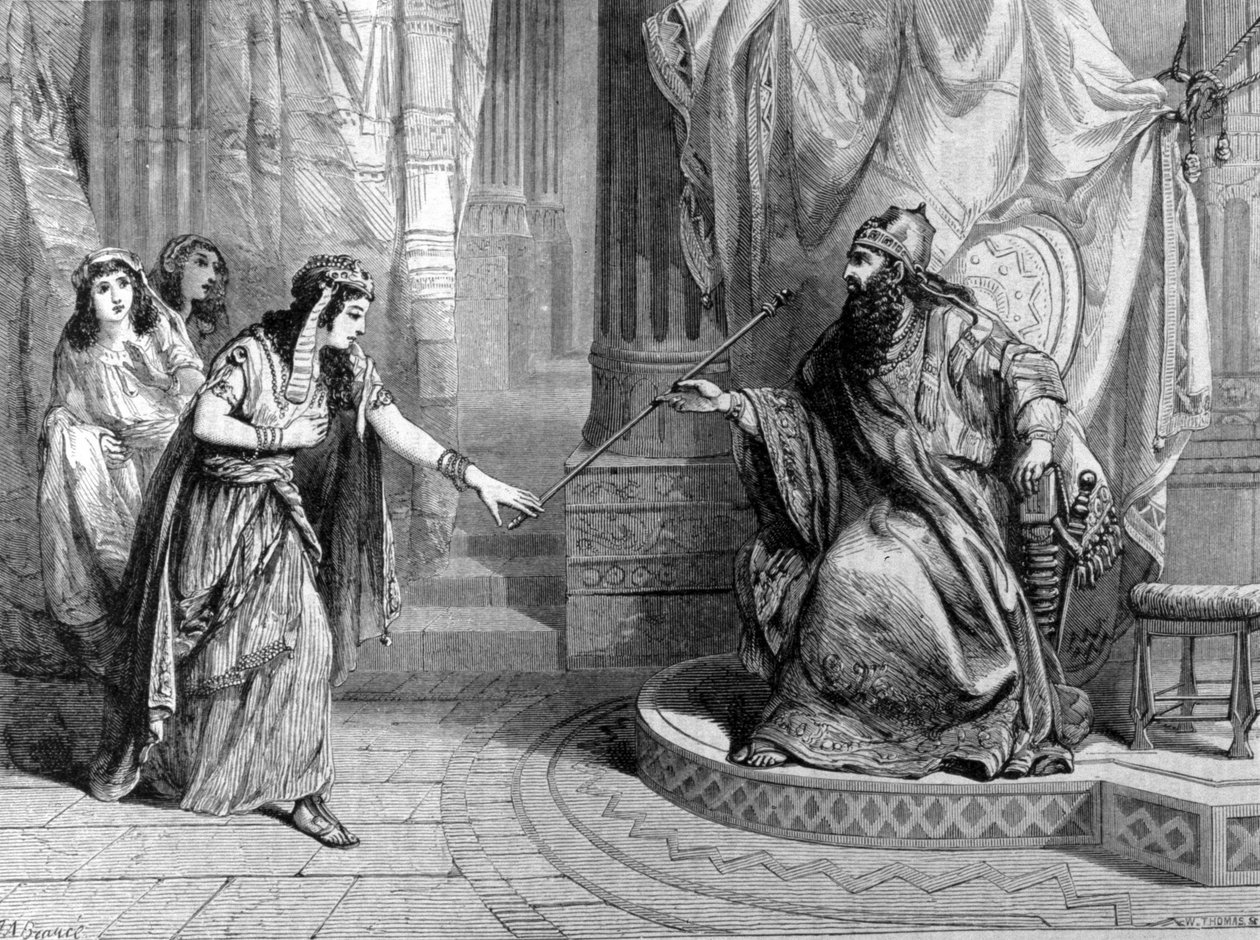 Esterin esitys kuningas Assueruksen 1. valtikasta (Xerxes 1.). Kaiverrus 1800-luvulta. tekijältä Unknown artist