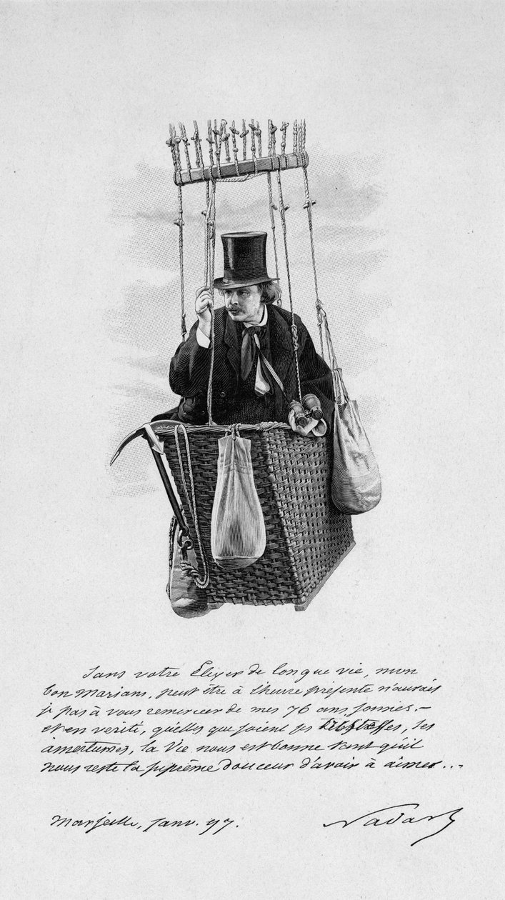 Felix Tournachon dit Nadarin (1820-1910) esitys ilmapallon konepellissä. 1897 tekijältä Unknown artist