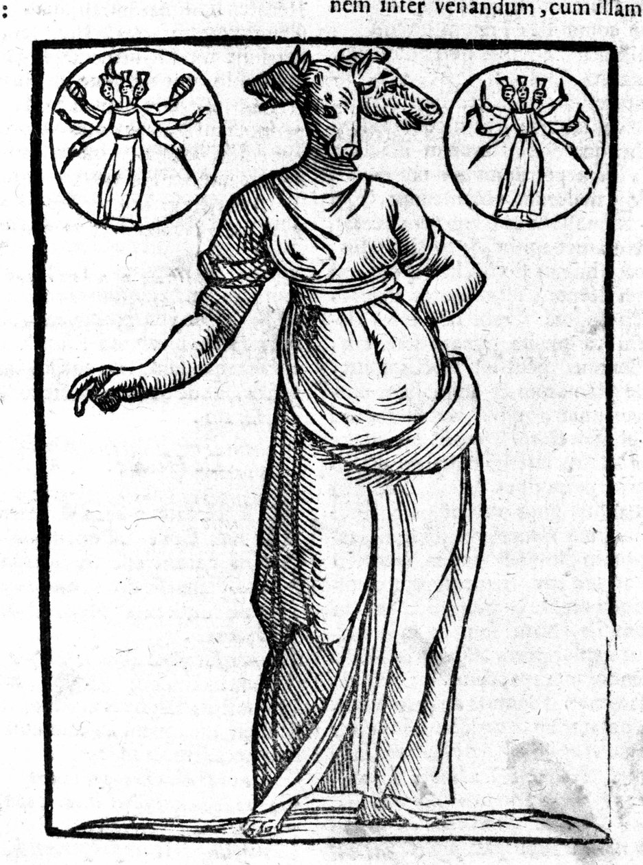 Hekaten, kreikkalaisen pahan jumaluuden, joka pystytettiin risteykseen, esityksellä oli yleensä kolme päätä. Kaiverrus 1600-luvulta. tekijältä Unknown artist