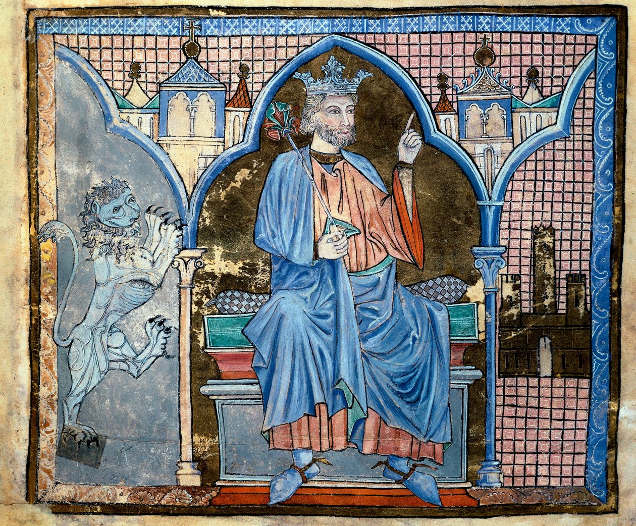 Kastilian kuninkaan Ferdinand III:n tai Pyhän Ferdinandin (1199-1252) esitys Pienoiskuva käsikirjoituksesta "Kuninkaallisten etuoikeuksien hakemisto" fol. 66 v. 1200-luvun Santiago de Compostela (Santiago de Compostela) (Santiago de Compostela), arkisto tekijältä Unknown artist