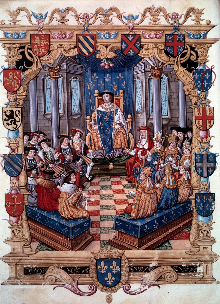 Kuningas Francois I:n (1494-1547) esitys ympäröi hänen kahtatoista ikätoveriaan. Pienoiskuvasta. 16. vuosisata. Chantilly, Conde-museo tekijältä Unknown artist