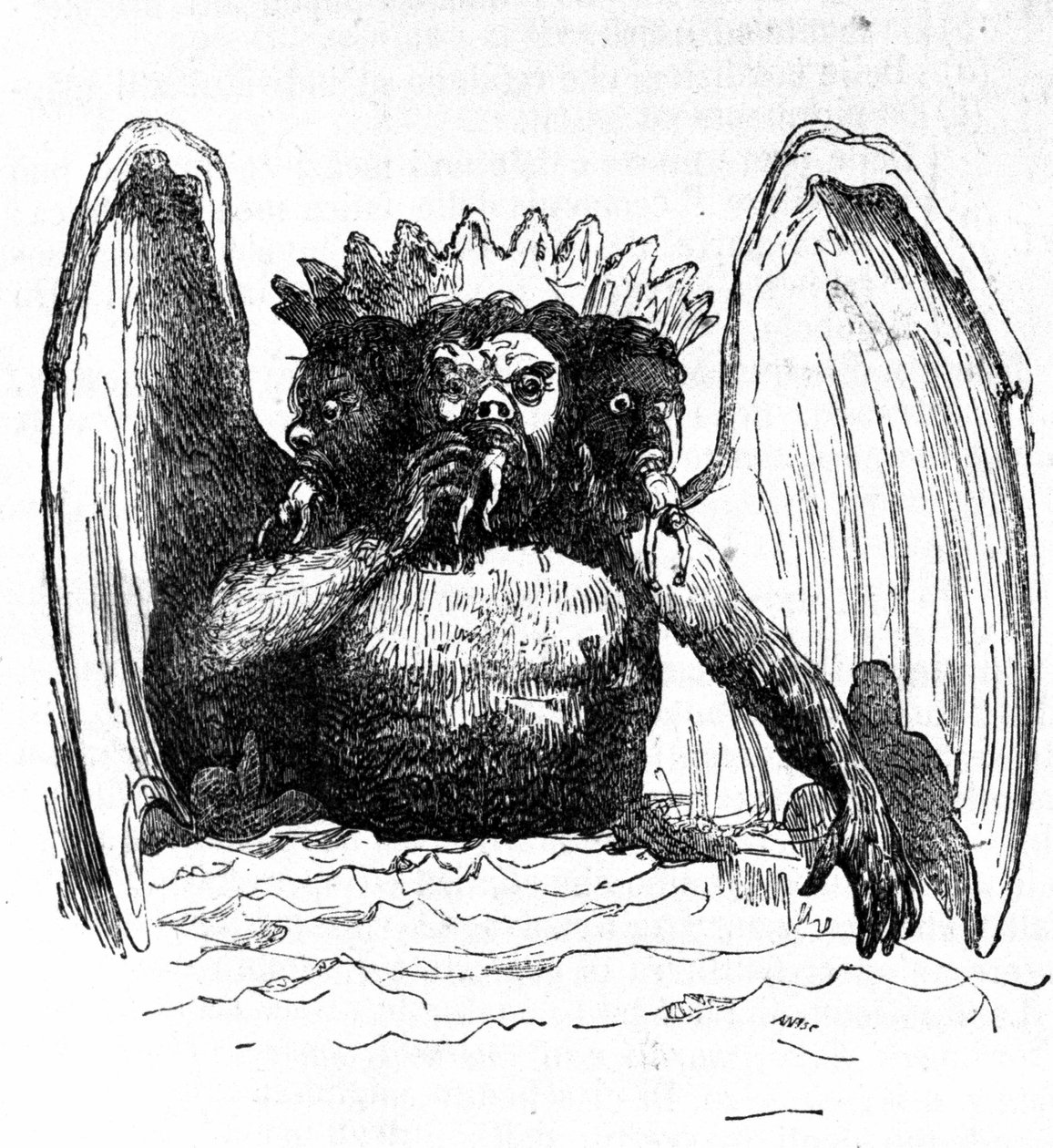 Luciferin esitys Danten helvetissä, joka ahmii kirottuja. tekijältä Unknown artist